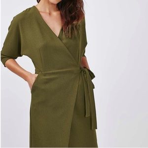 Topshop Olive Green V Neck Wrap Dress w/ Pockets & 3/4 Length Sleeve